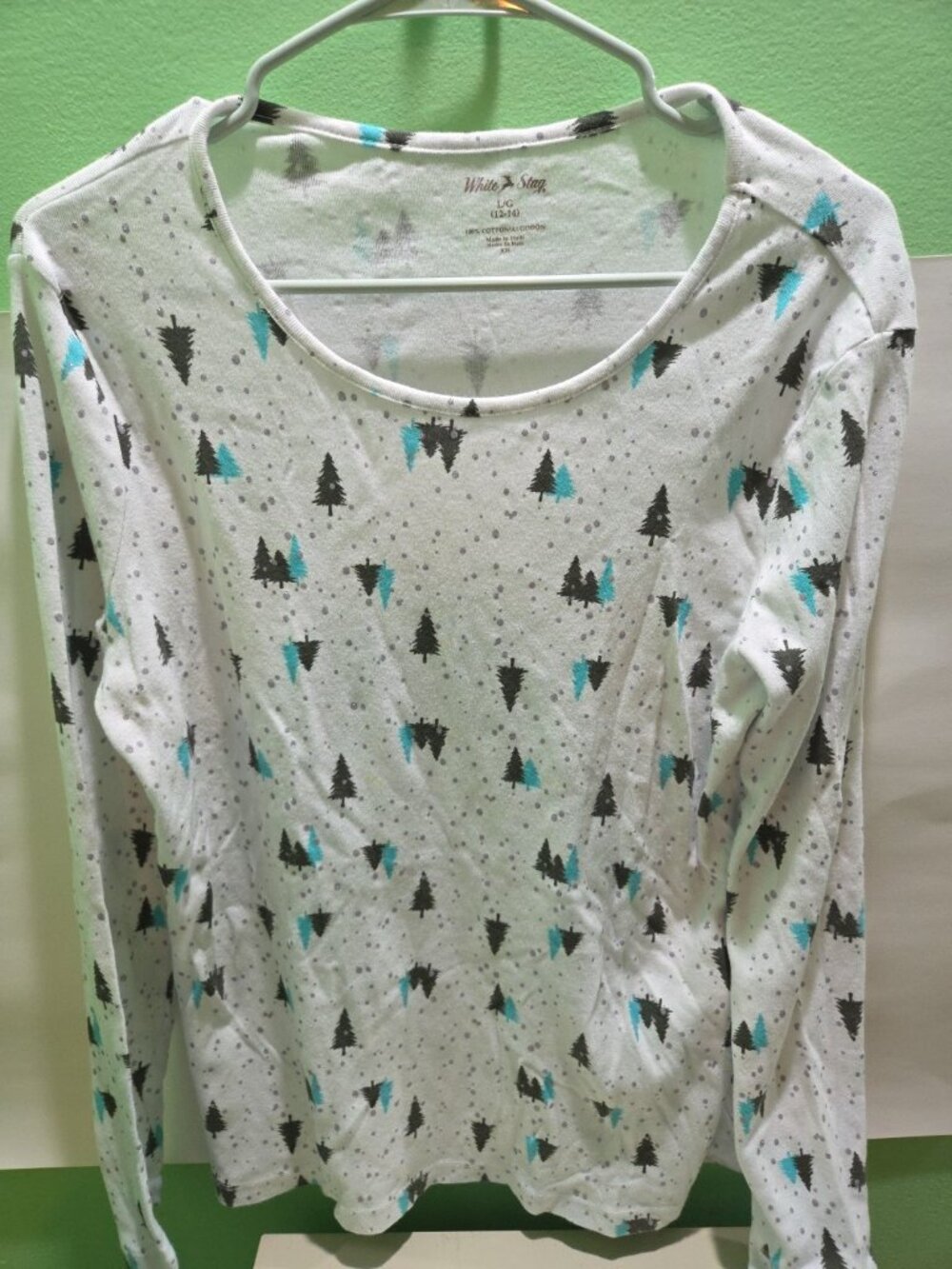 Women's Holiday Christmas Shirt White Stag Large Christmas Trees Long Sleeve